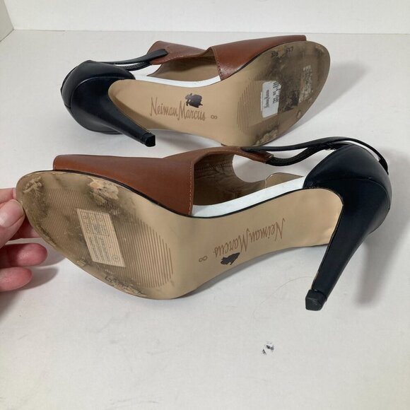 Womens Neiman Marcus Natal NM Leather Peep Toe Strap Back 3 Toned 4" Heels Brown - Picture 6 of 10